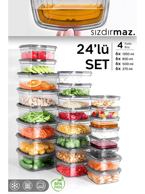 Meleni Home 24'lü Kare Sızdırmaz Saklama Kabı Seti Düzenleyici Erzak Kabı 6x 275 500 850 1350 ml Antrasit - S000382908-29666