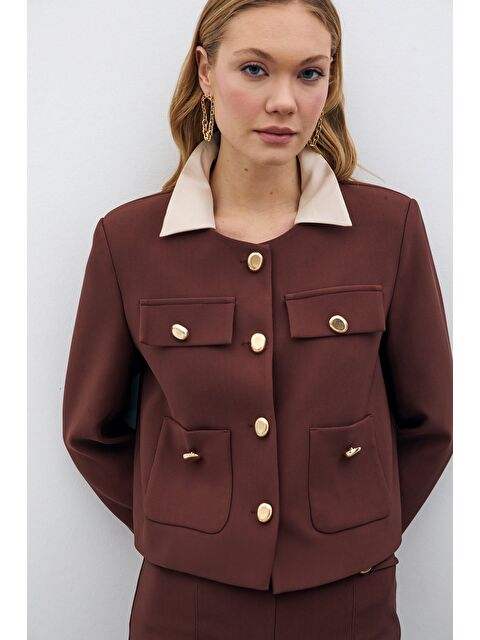 SATEEN Düğmeli Kısa Ceket - Kahve - S000323622-19413