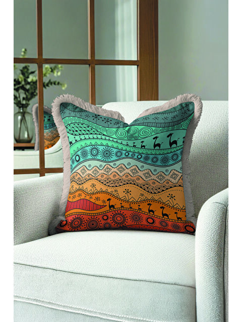 Milbay Grup Etnik Afrika Motifli Saçaklı Yastık Kılıfı - Tribal Bohem Turuncu Yeşil Gri Püsküllü Kırlent Kılıfı