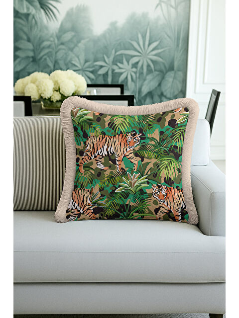 Milbay Grup Egzotik Kaplan Motifli Saçaklı Yastık Kılıfı - Tropikal Boho Yeşil Bej Püsküllü Kırlent Kılıfı