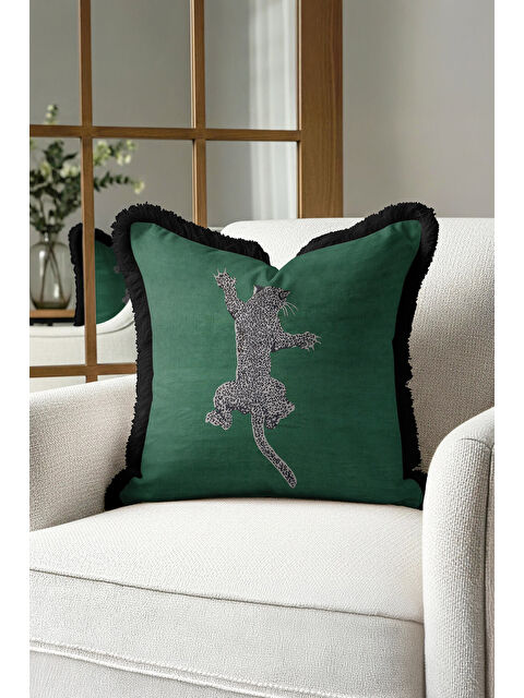 Milbay Grup Leopar Figürlü Saçaklı Yastık Kılıfı - Vahşi Bohem Yeşil Siyah Püsküllü Kırlent Kılıfı