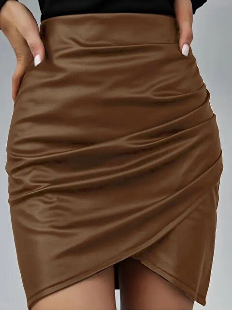 Jane's Kadın Yüksek Bel Yandan Fermuarlı Pileli Mini Deri Etek