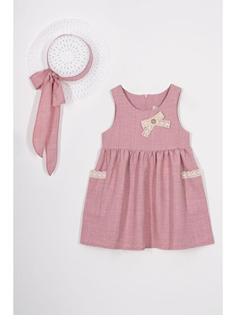 Zepkids Bisiklet Yaka Dantel Detaylı Şapka Aksesuarlı Gül Kurusu Renk Kız Çocuk Elbise - S000365215-20028
