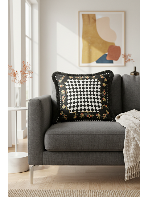 Milbay Grup Lüks Elmas Motifli Saçaklı Yastık Kılıfı - Çiçek Bordürlü Klasik Glam Siyah Püsküllü Kırlent Kılıfı