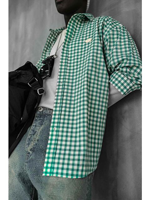 Abluka Online Erkek Kareli Desenli Oversize %100 Pamuk Gömlek Yeşil - S000365705-18194