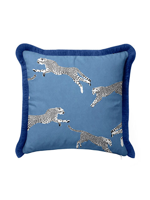 Milbay Grup Lüks Safari Cheetah Saçaklı Yastık Kılıfı - Modern Mavi Panter Motifli Püsküllü Kırlent Kılıfı