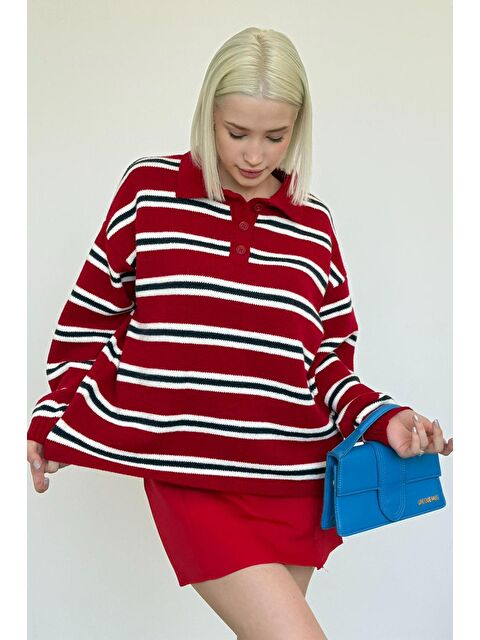 Madmext Kırmızı Polo Yaka Çizgili Kadın Triko Kazak Mg2469 - S000437748-20045