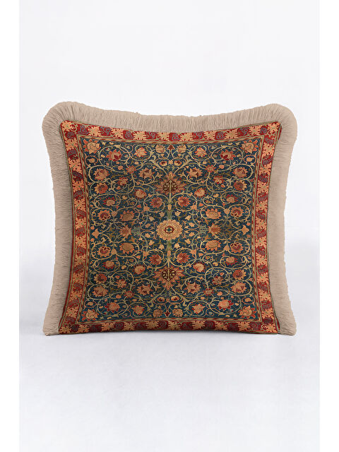 Milbay Grup Saray Hareketli Saçaklı Yastık Kılıfı - Klasik Vintage Rustik Lacivert Gold Püsküllü Kırlent Kılıfı