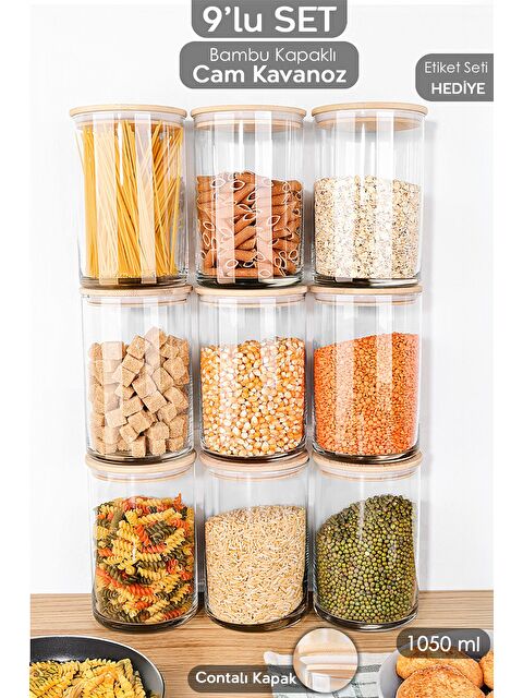 Meleni Home 9'lu Bambu Kapak Cam Saklama Kabı Etiketli Vakum Kapaklı Bakliyat Erzak Cam Kavanoz Seti 1050 ml - S000382926-26865