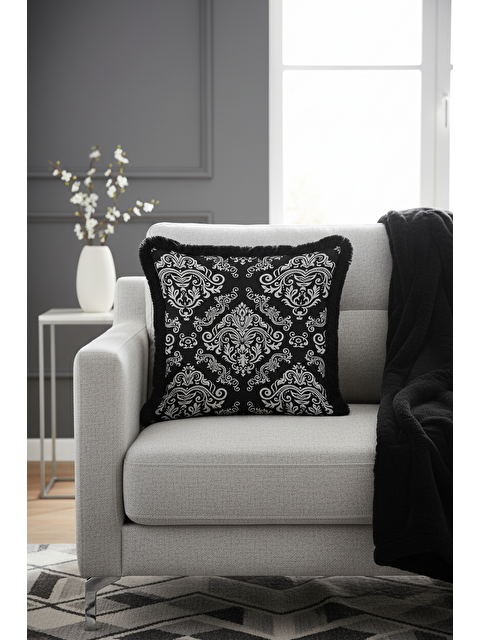 Milbay Grup Barok Lüks Saçaklı Yastık Kılıfı - Asil Siyah Klasik Etnik Gri Püsküllü Kırlent Kılıfı