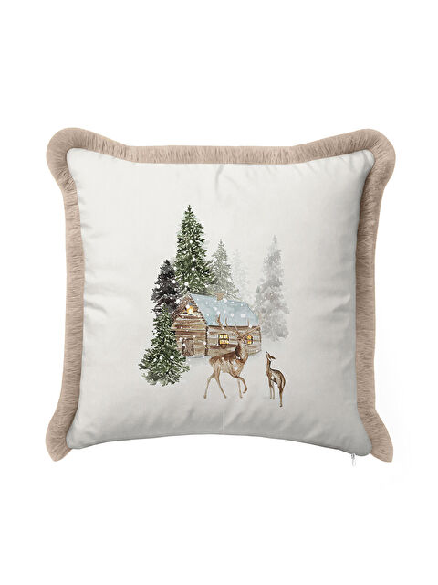 Milbay Grup Kış Manzaralı Saçaklı Yastık Kılıfı - Rustik Doğa Temalı Bej Püsküllü Kırlent Kılıfı