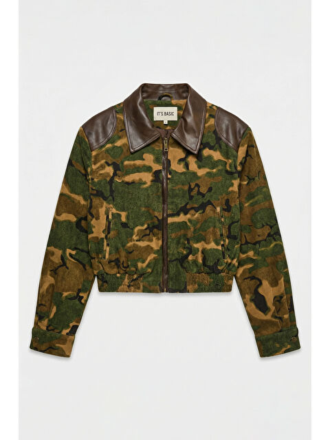 It's Basic Kadın Kamuflaj w5 Bomber Deri Detaylı Özel Tasarım Kamuflaj Ceket - S000526361-19413