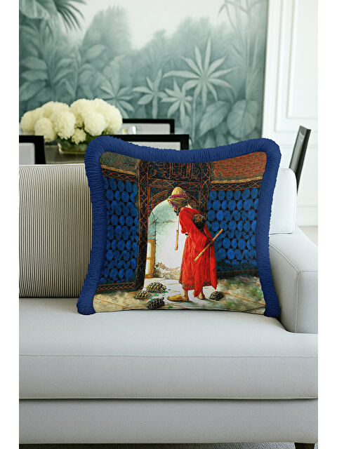 Milbay Grup Şatafatlı Saray Figürlü Saçaklı Yastık Kılıfı - Osmanlı Etnik Mavi Gold Renk Püsküllü Kırlent Kılıfı