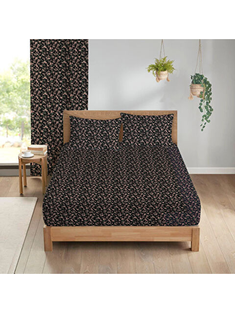 Evmila Çiçek Desenli Baskılı 180x200 Çift Kişilik Lastikli Çarşaf Seti Siyah - S000291113-23173