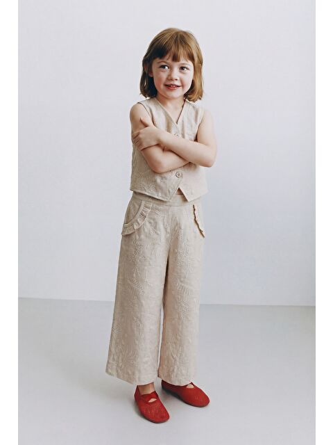 Magu Kız Çocuk Pamuklu Bej Nakışlı Yelek Ve Pantolon Takım - S000521384-19928