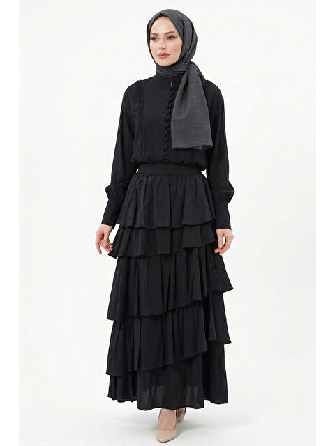 Remsa Levidor Şerit Dantel Detay Tunik Etek Takım 100810 Siyah