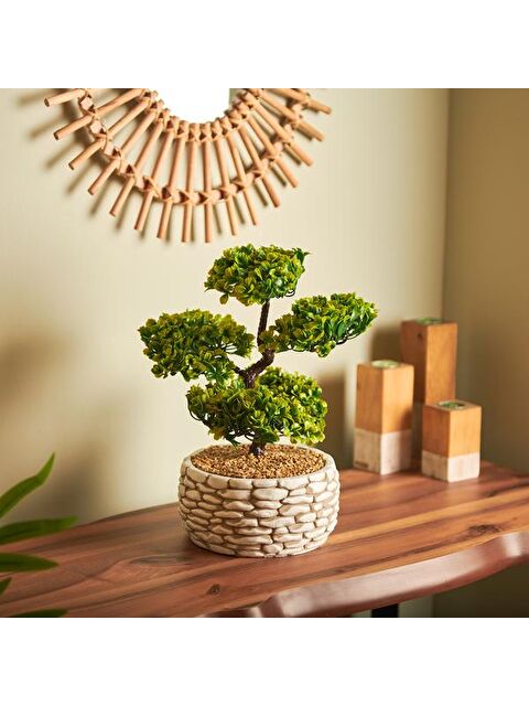 Objevi Dekoratif Saksılı Bonsai Meri Yapay Çiçek - Beyaz / Yeşil - 20x20x36 cm - S000373467-37251