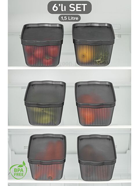 Meleni Home 6'lı Set Perry Kapaklı Derin Dondurucu Saklama Kabı Buzdolabı Erzak Düzenleme Kutusu 1,5 lt Füme - S000382932-33408