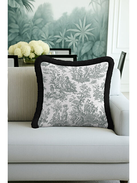 Milbay Grup Fransız Şıklığı Saçaklı Yastık Kılıfı - Klasik Country Siyah Beyaz Püsküllü Kırlent Kılıfı