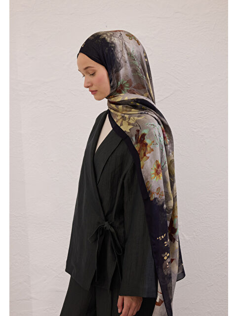 Fresh Scarfs Dıtsy Leaves Desen Rami Şal Siyah - S000420262-19351