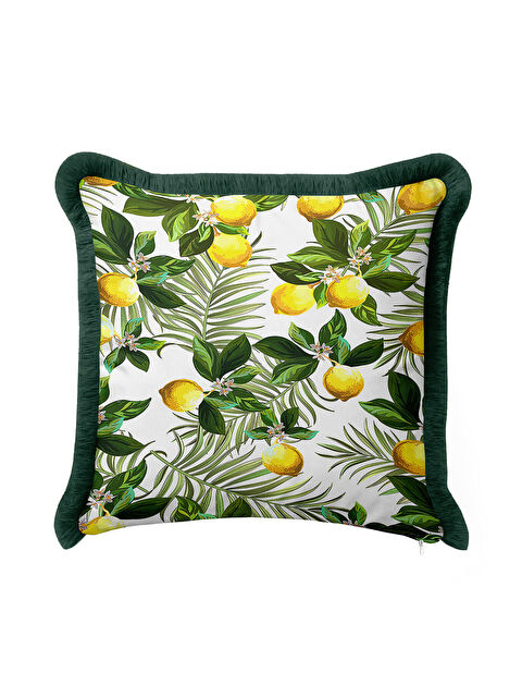 Milbay Grup Limon Bahçesi Saçaklı Yastık Kılıfı - Tropik Doğa Temalı Yeşil Sarı Bohem Püsküllü Kırlent Kılıfı