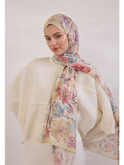 Fresh Scarfs Vıntage Garden Desen Rami Şal Tereyağı - S000420264-20072