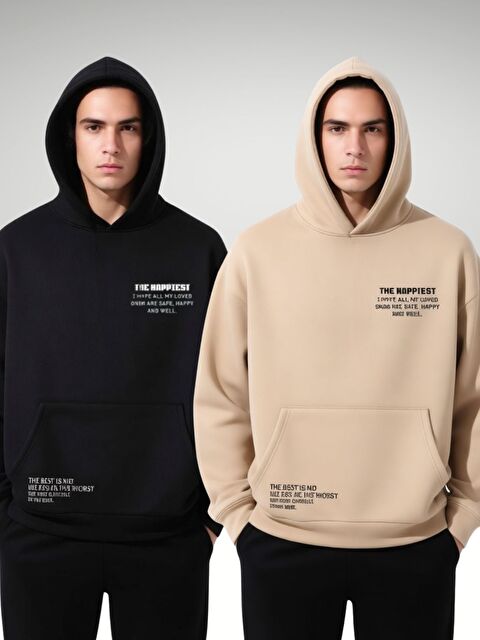 Trendseninle 2Li Set Bej+Siyah The Happiest Baskılı Pamuklu Oversize Kapüşonlu Sweatshirt Hoodie - S000490944-37216