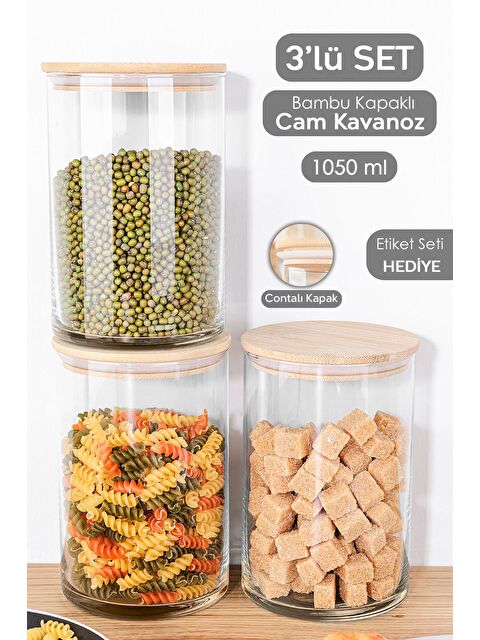Meleni Home 3'lü Bambu Kapak Cam Saklama Kabı Etiketli Vakum Kapaklı Bakliyat Erzak Cam Kavanoz Seti 1050 ml - S000382936-26865