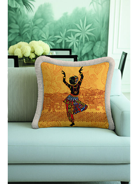 Milbay Grup Hint Motifli Saçaklı Yastık Kılıfı - Sanatsal Bohem Altın Renkli Gri Püsküllü Kırlent Kılıfı