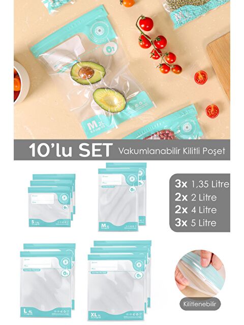 Meleni Home 10'lu Vaku mlu Gıda Saklama Torbası Hava Almaz Kilitli Şeffaf Poşet Vaku mlu Poşet - S000382937-26865