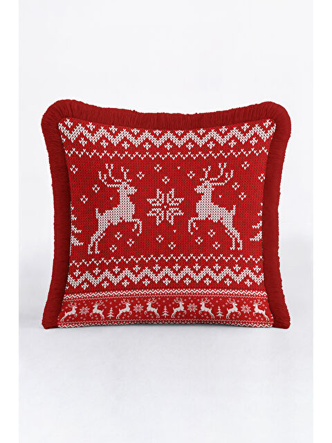 Milbay Grup Nordik Geyikli Saçaklı Yastık Kılıfı - Kış Temalı Rustik Kırmızı Püsküllü Kırlent Kılıfı