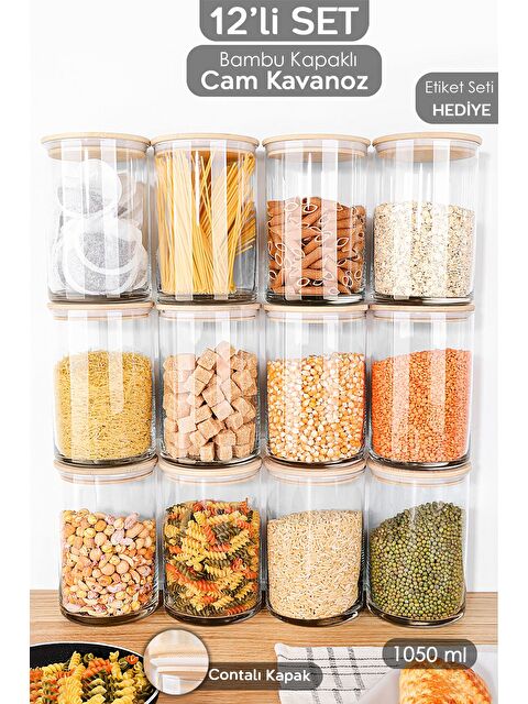 Meleni Home 12'li Bambu Kapak Cam Saklama Kabı Etiketli Vakum Kapaklı Bakliyat Erzak Cam Kavanoz Seti 1050 ml - S000382939-26865