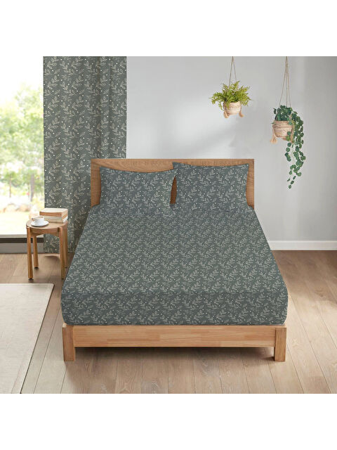 Evmila Çiçek Desenli Baskılı 180x200 Çift Kişilik Lastikli Çarşaf Seti Yeşil - S000291114-23173