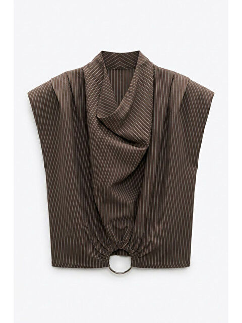 QUZU Çizgili Degaje Yaka Vatkalı Bluz Kahverengi - S000526368-19413