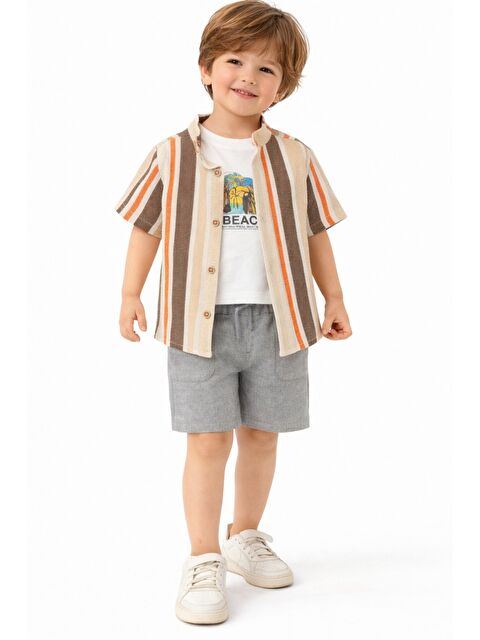 Kidex's Erkek Çocuk 3’lü Yazlık Takım Çizgili Gömlek Tişört Şort Kombin