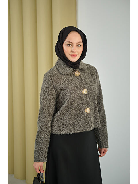 Locco Moda Kadın Çiçek Düğmeli Keçe Kısa Ceket Gri - S000494375-20600