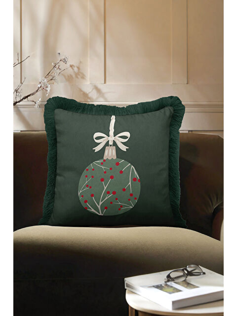Milbay Grup Yılbaşı Süslemeli Saçaklı Yastık Kılıfı - Çam Tema Modern Koyu Yeşil Kırmızı Püsküllü Kırlent Kılıfı