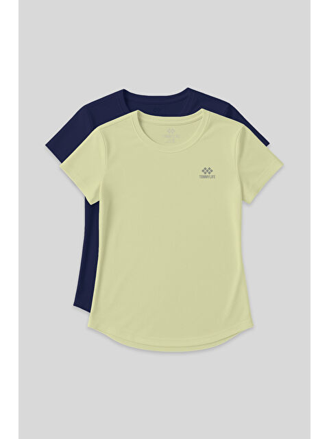 Tommylife Standart Kalıp O Yaka 2li Paket İndigo-Limon Kadın T-Shirt - 97144