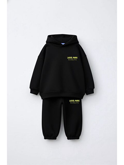 Magu Unisex Çocuk Pamuklu Siyah Slogan Baskılı Kapüşonlu Eşofman Takım - S000474422-19351