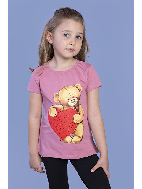 Toontoykids Kız Çocuk Kalpli Ayıcık Baskılı Taş İşlemeli Tişört