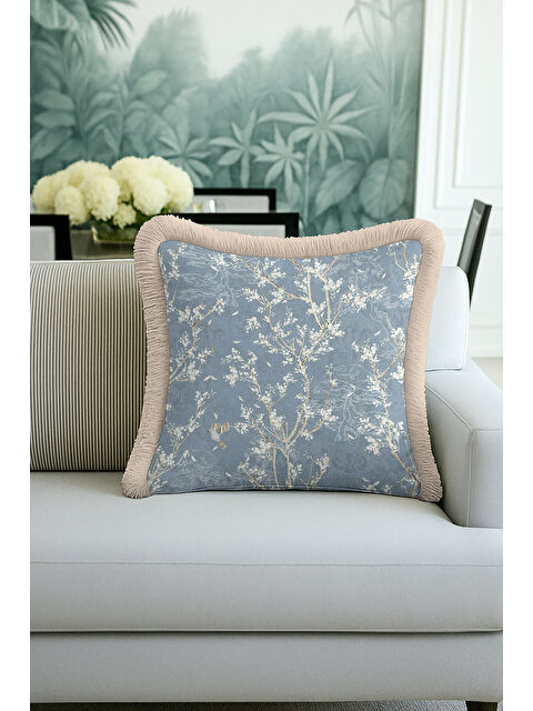 Milbay Grup Zarif Çiçek Motifli Saçaklı Yastık Kılıfı - Doğal Mavi Klasik Pastoral Bej Püsküllü Kırlent Kılıfı