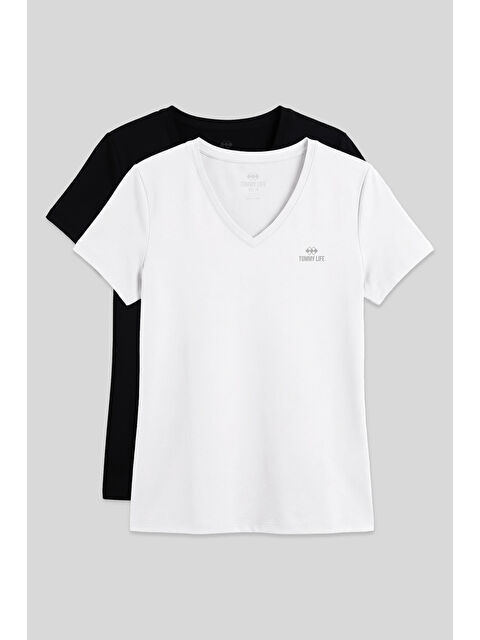 Tommylife Standart Kalıp Basic V Yaka 2li Paket Siyah-Beyaz Kadın T-Shirt - 97145