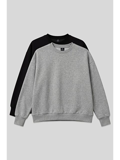 Tommylife Basic Oversıze O Yaka 2li Paket Siyah-Gri Melanj Kadın Sweatshirt - 97053