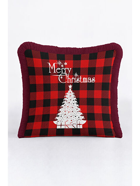 Milbay Grup Kırmızı Ekose Saçaklı Yastık Kılıfı - Kış Temalı Modern Beyaz Siyah Püsküllü Kırlent Kılıfı