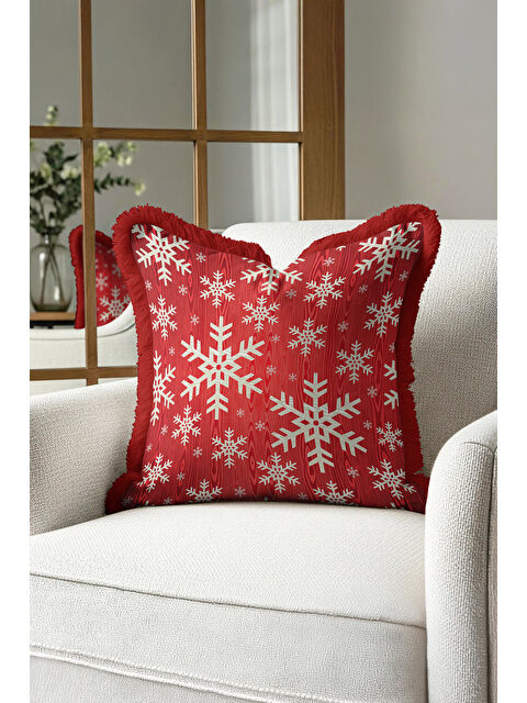 Milbay Grup Kış Temalı Kar Tanesi Saçaklı Yastık Kılıfı - Kırmızı Yeni Yıl Rustik Beyaz Püsküllü Kırlent Kılıfı