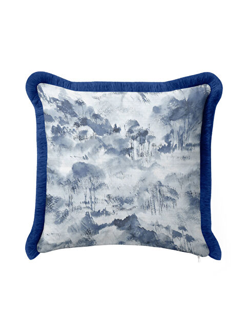 Milbay Grup Lüks Marin Su Dalgası Saçaklı Yastık Kılıfı - Soyut Mavi Modern Antrasit Püsküllü Kırlent Kılıfı