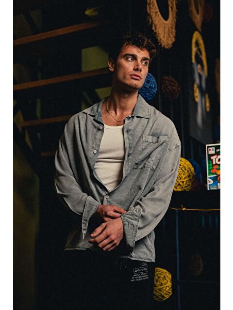 Abluka Online Erkek Oversize Yıkamalı Hafif Ve Nefes Alabilen Gömlek Gri - S000365706-20600