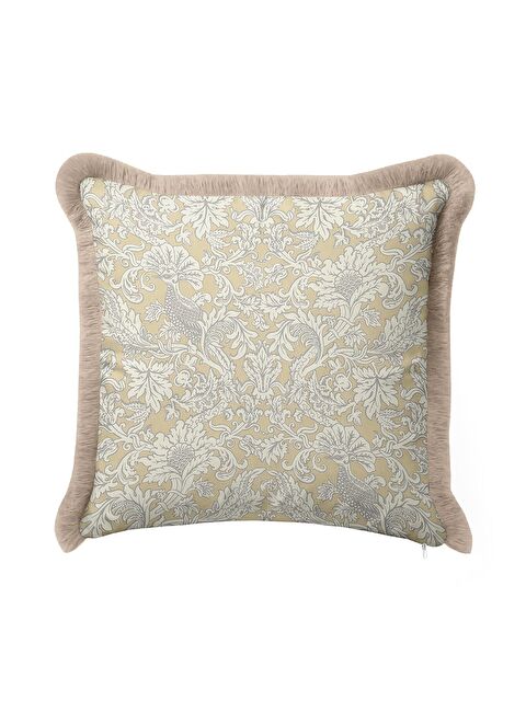 Milbay Grup Barok Şıklık Saçaklı Yastık Kılıfı - Vintage Klasik Bohem Bej Altın Renkli Püsküllü Kırlent Kılıfı