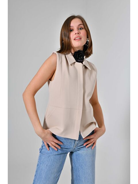 Saade Taş Gizli Kapama Gömlek Yaka Cepli Yelek