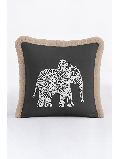 Milbay Grup Boho Hint Mandala Fil Saçaklı Yastık Kılıfı - Etnik Asya Antrasit Bej Püsküllü Kırlent Kılıfı